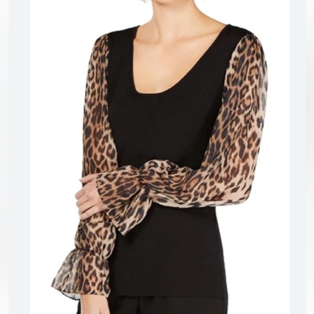 NWOT I.N.C. Womens Leopard Print Sleeves U-Neck Sweater Black 16
